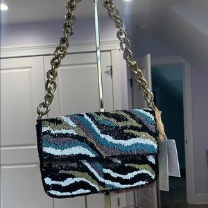 Elegant Beaded Shoulder Bag with Gold Chain NWT